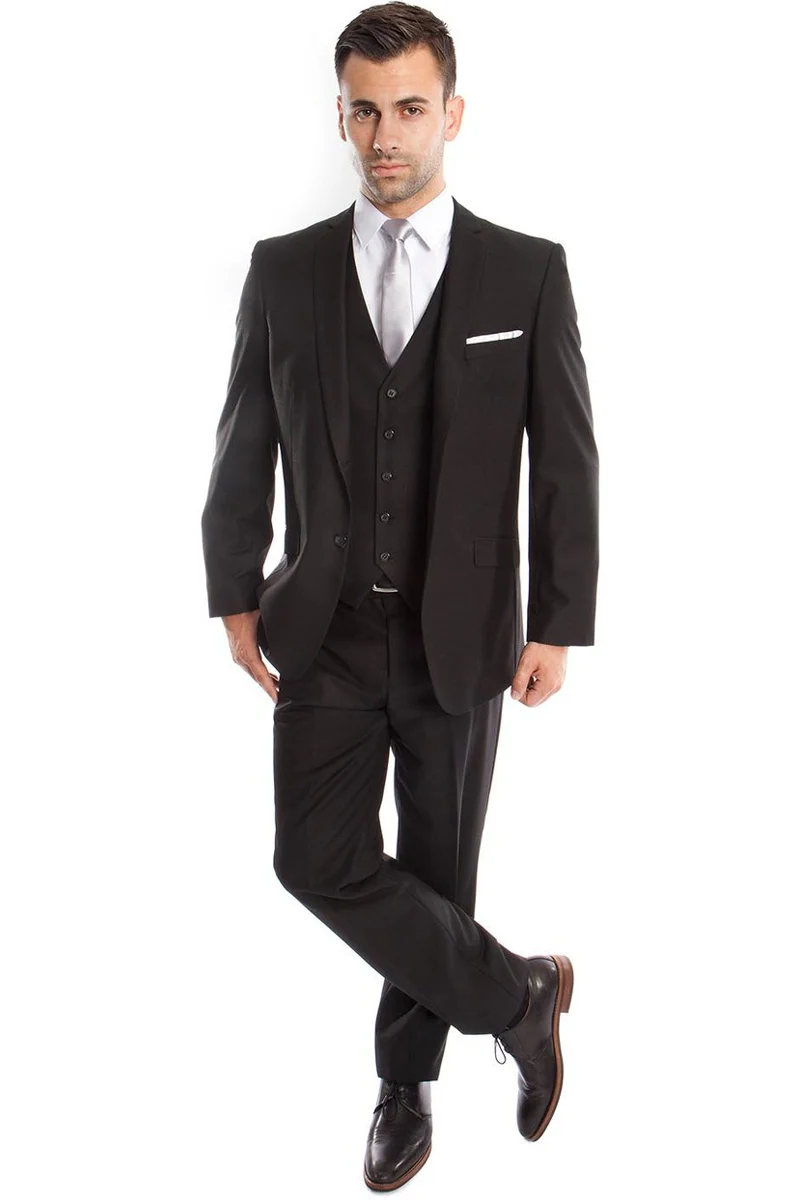 Men's Two Button Slim Fit Basic Vested Wedding Suit in Black - Image 2