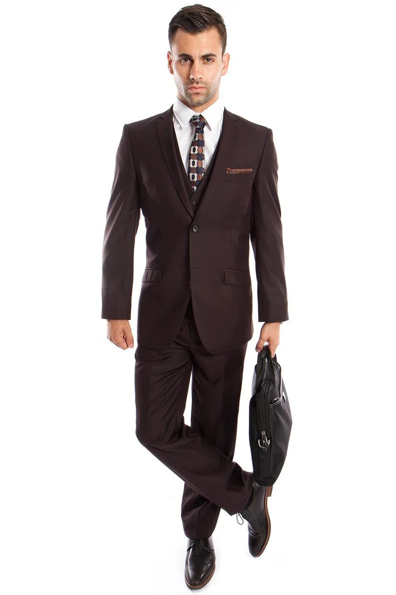 Men's Two Button Slim Fit Basic Vested Wedding Suit in Brown - Image 2