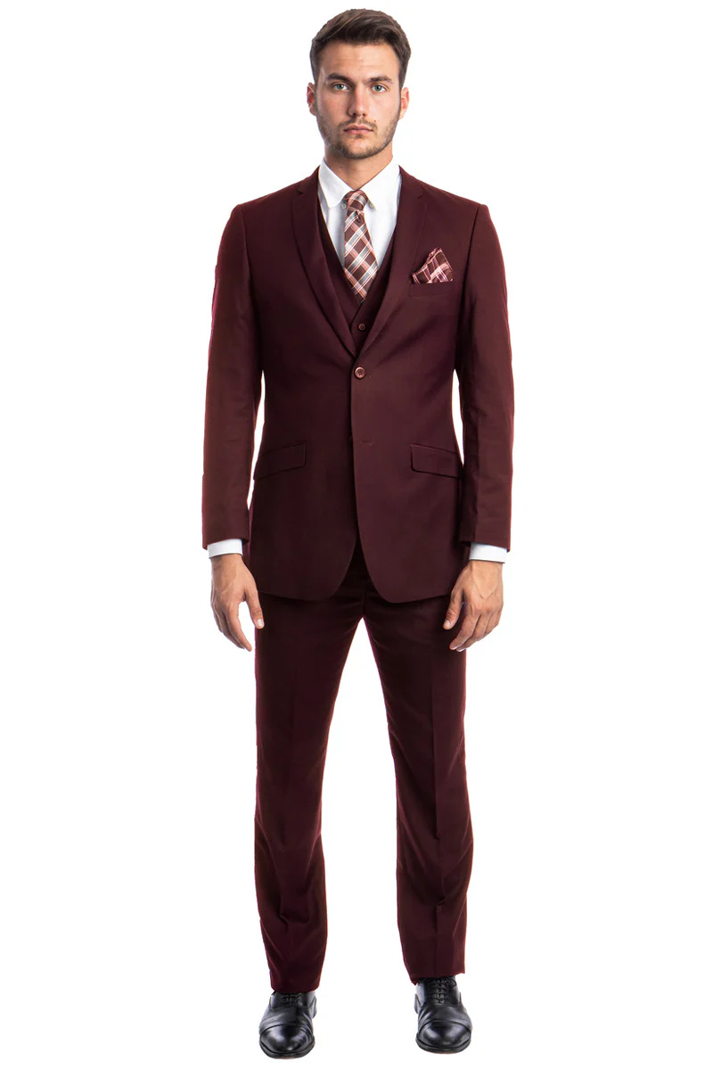 Men's Two Button Slim Fit Basic Vested Wedding Suit in Burgundy - Image 2