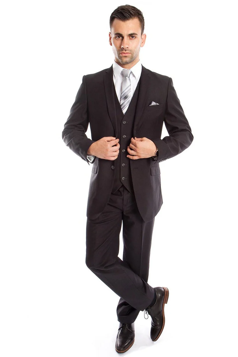 Men's Two Button Slim Fit Basic Vested Wedding Suit in Charcoal Grey - Image 2