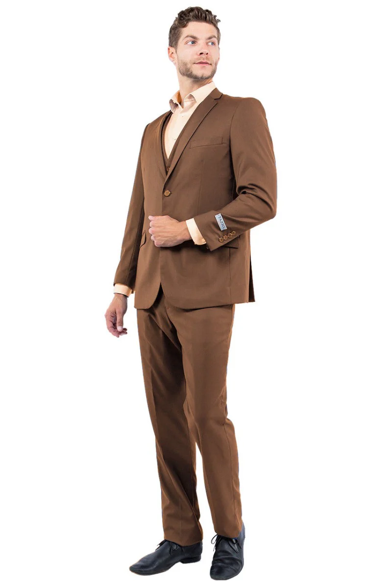 Men's Two Button Slim Fit Basic Vested Wedding Suit in Cognac - Image 2