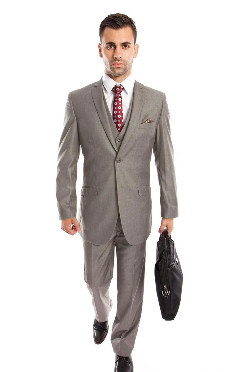 Men's Two Button Slim Fit Basic Vested Wedding Suit in Grey - Image 2