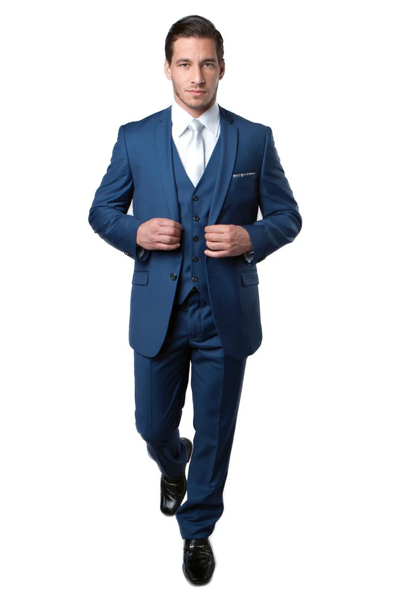 Men's Two Button Slim Fit Basic Vested Wedding Suit in Indigo Blue - Image 2