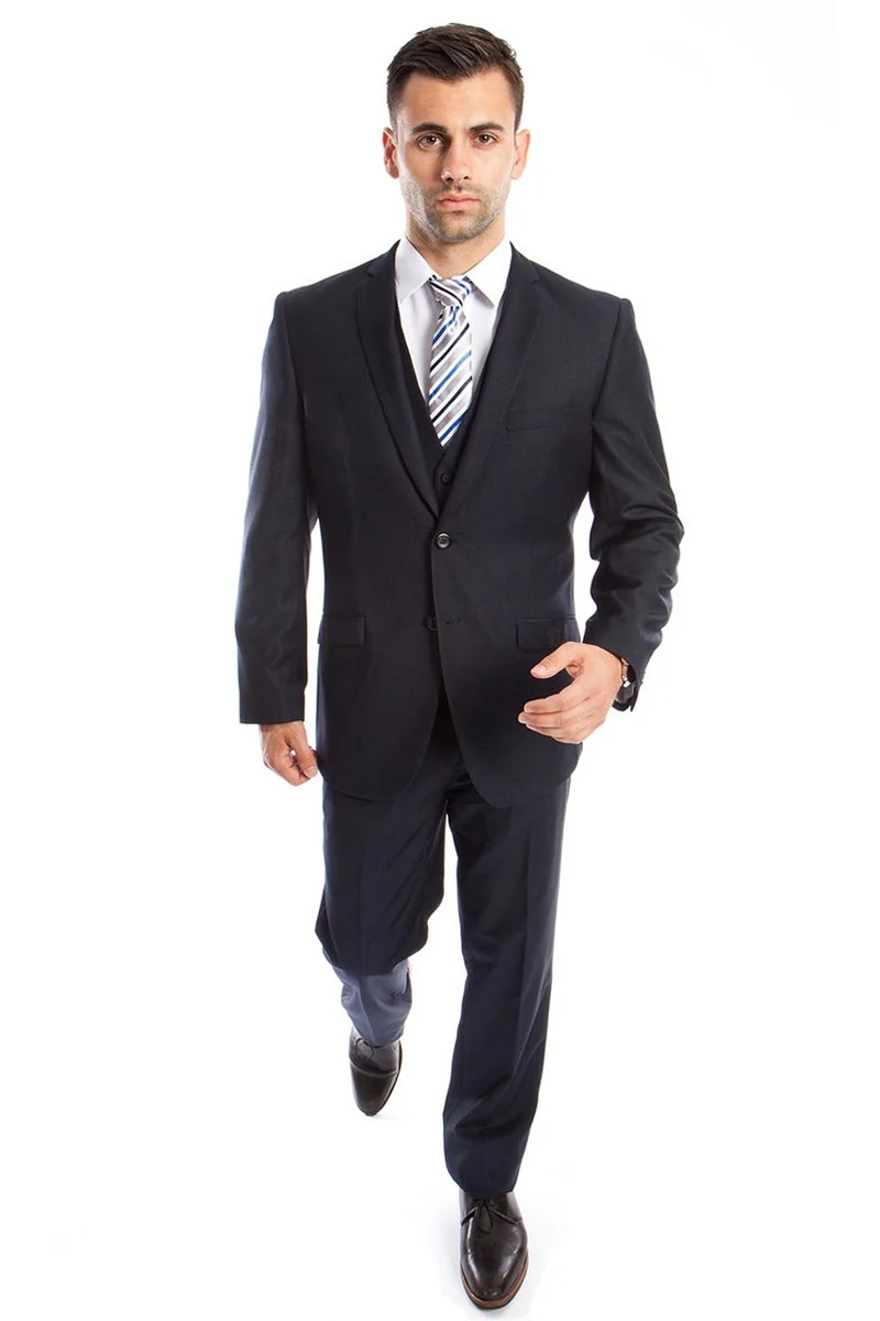 Men's Two Button Slim Fit Basic Vested Wedding Suit in Navy Blue - Image 2