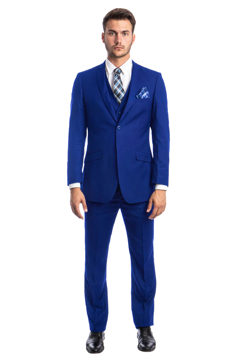 Men's Two Button Slim Fit Basic Vested Wedding Suit in Royal Blue - Image 2