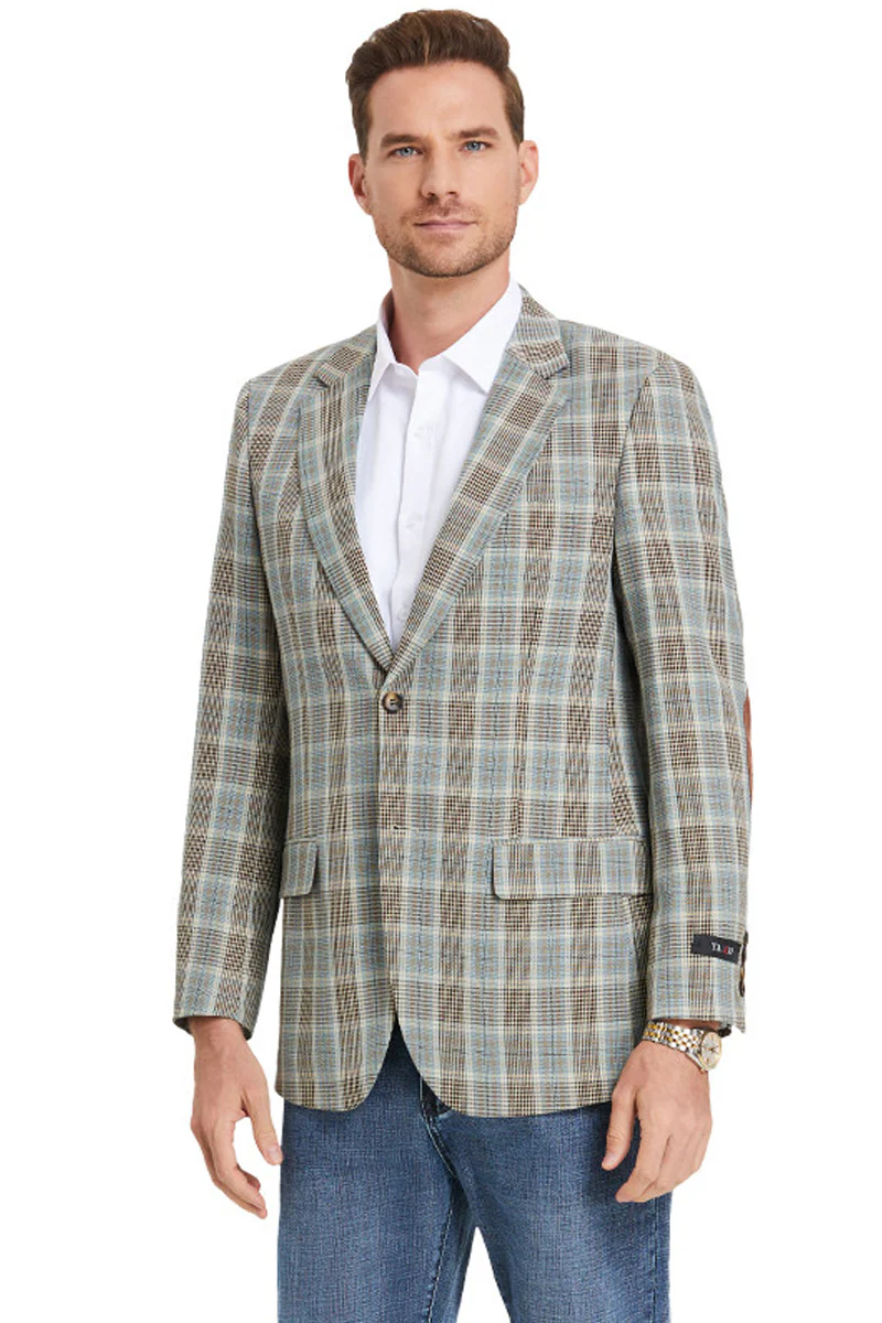 Men's Two Button Slim Fit Business Casual Sport Coat in Camel Glen Plaid