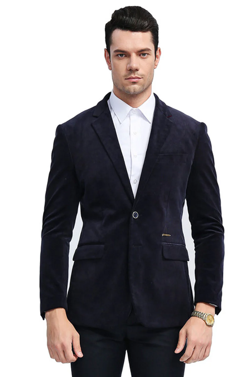 Men's Two Button Slim Fit Casual Velvet Jacket in Navy Blue