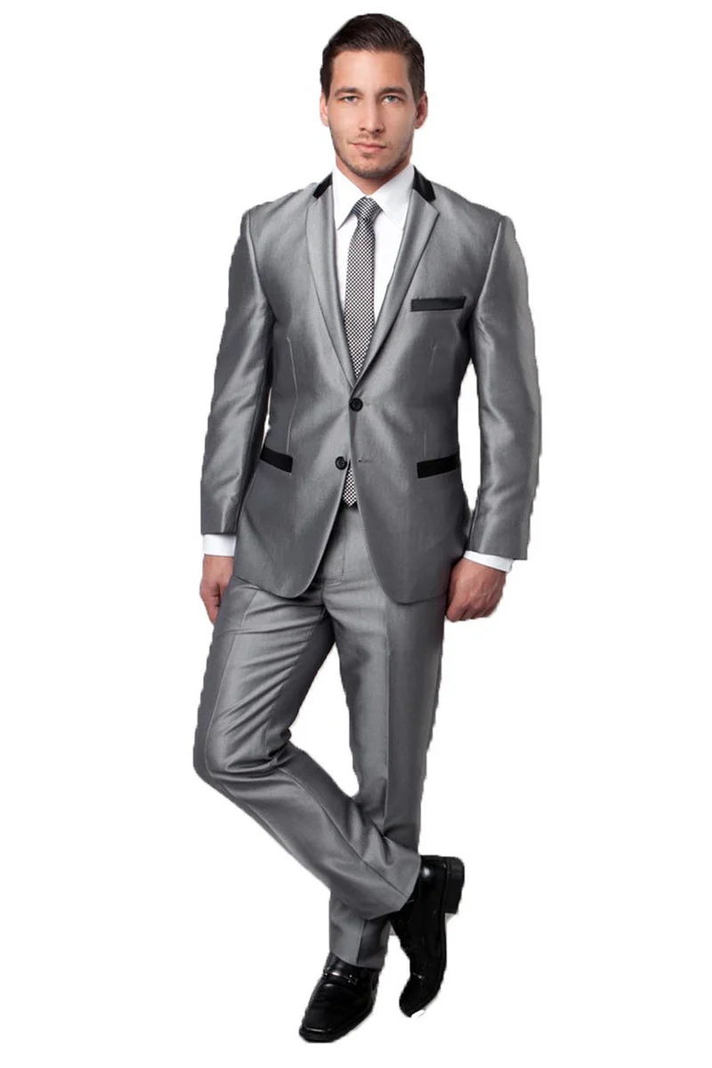 Men's Two Button Slim Fit Shiny Sharkskin Suit in Silver Grey with Contrast Collar and Trim - Image 2