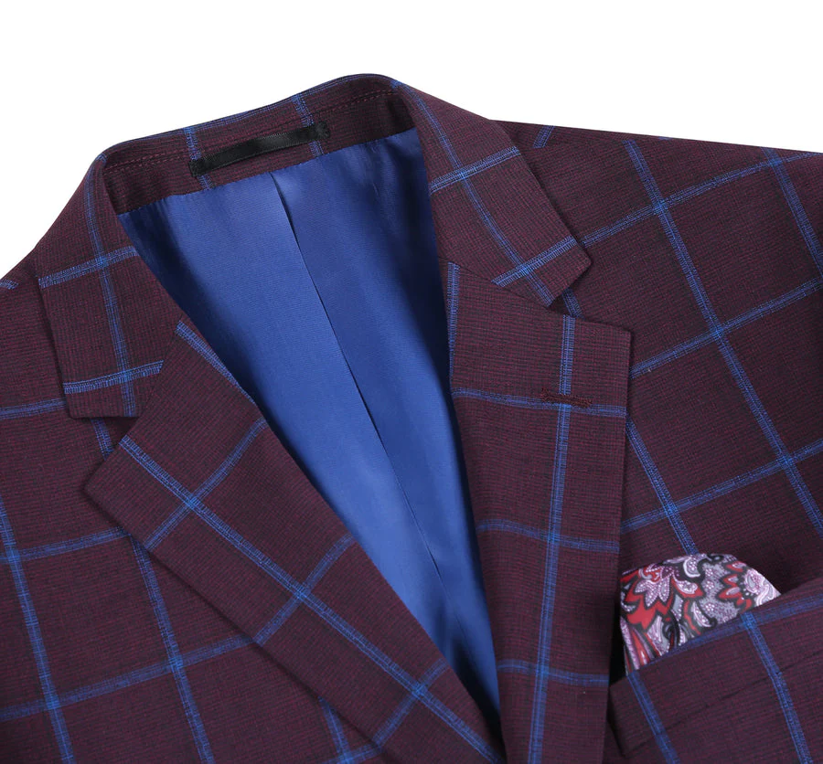Mens Two Button Slim Fit Sport Coat Blazer in Burgundy & Blue Windowpane Plaid - Image 2