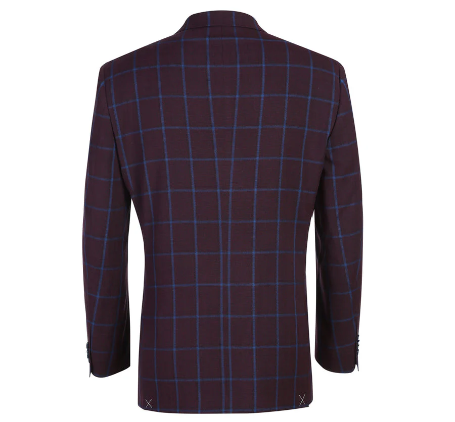 Mens Two Button Slim Fit Sport Coat Blazer in Burgundy & Blue Windowpane Plaid - Image 3