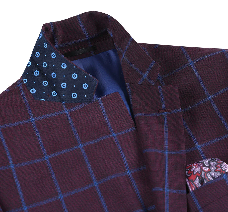 Mens Two Button Slim Fit Sport Coat Blazer in Burgundy & Blue Windowpane Plaid - Image 4