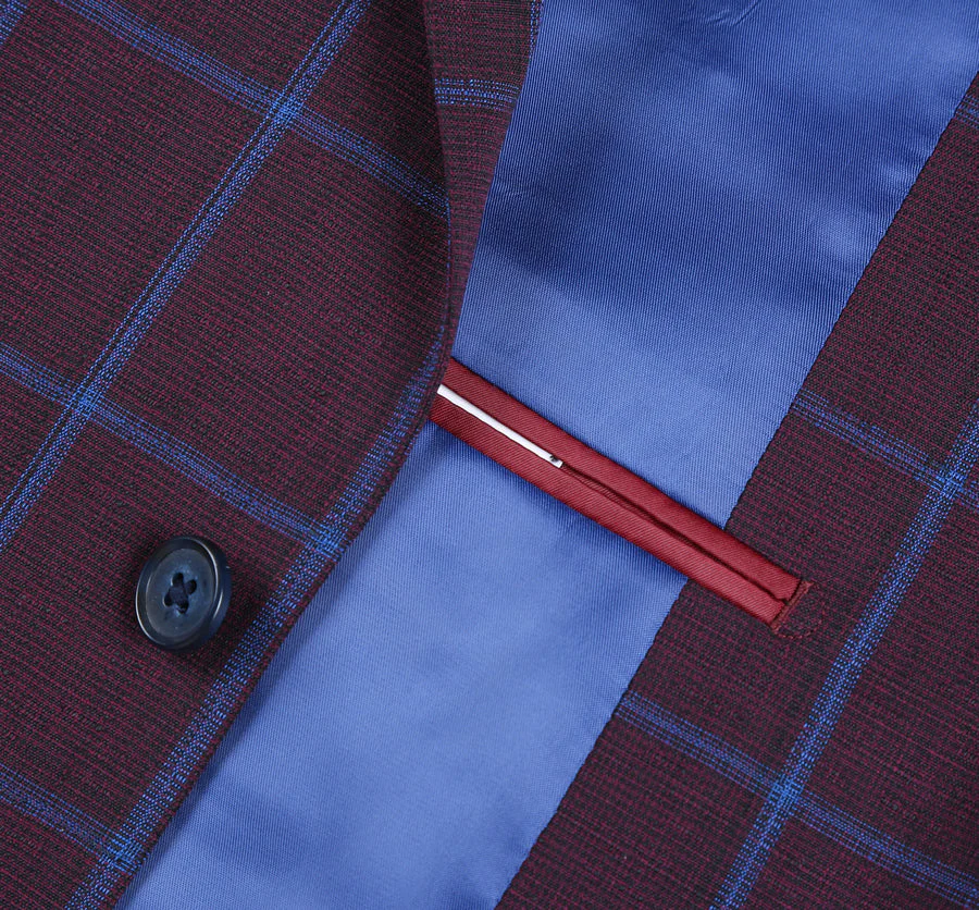 Mens Two Button Slim Fit Sport Coat Blazer in Burgundy & Blue Windowpane Plaid - Image 5