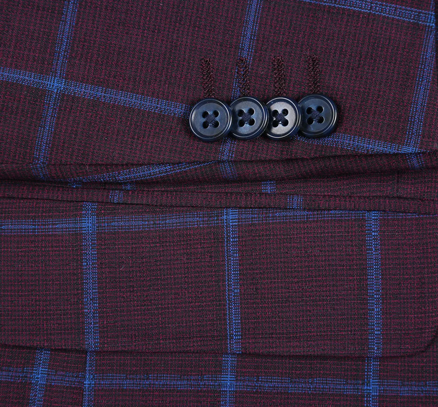 Mens Two Button Slim Fit Sport Coat Blazer in Burgundy & Blue Windowpane Plaid - Image 6