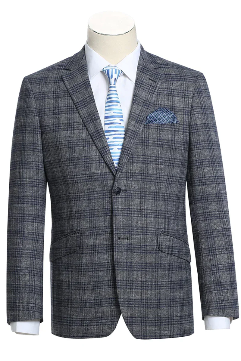 Mens Two Button Slim Fit Sport Coat Blazer in Charcoal Grey & Blue Windowpane Plaid