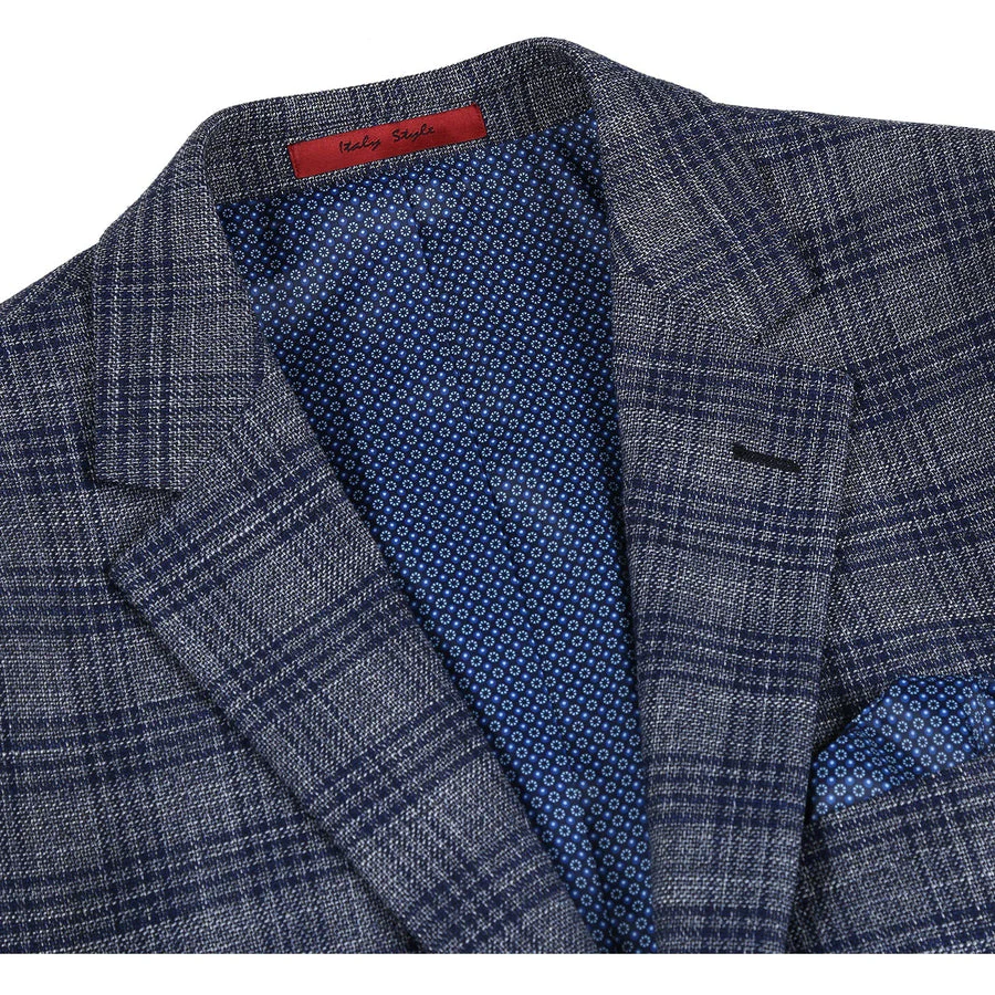 Mens Two Button Slim Fit Sport Coat Blazer in Charcoal Grey & Blue Windowpane Plaid - Image 2