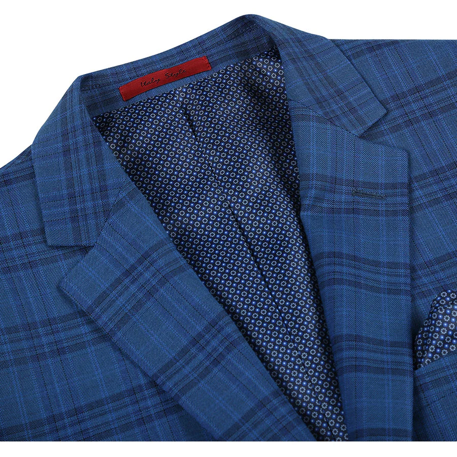 Mens Two Button Slim Fit Sport Coat Blazer in Medium Indigo Blue Windowpane Plaid - Image 2