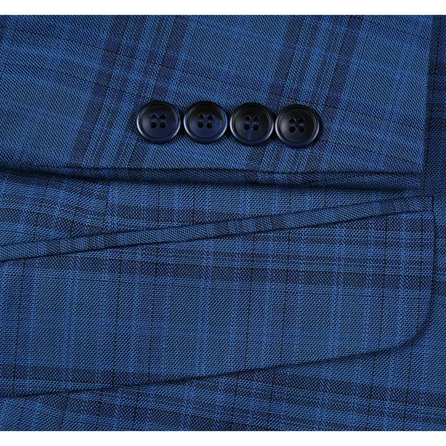 Mens Two Button Slim Fit Sport Coat Blazer in Medium Indigo Blue Windowpane Plaid - Image 3