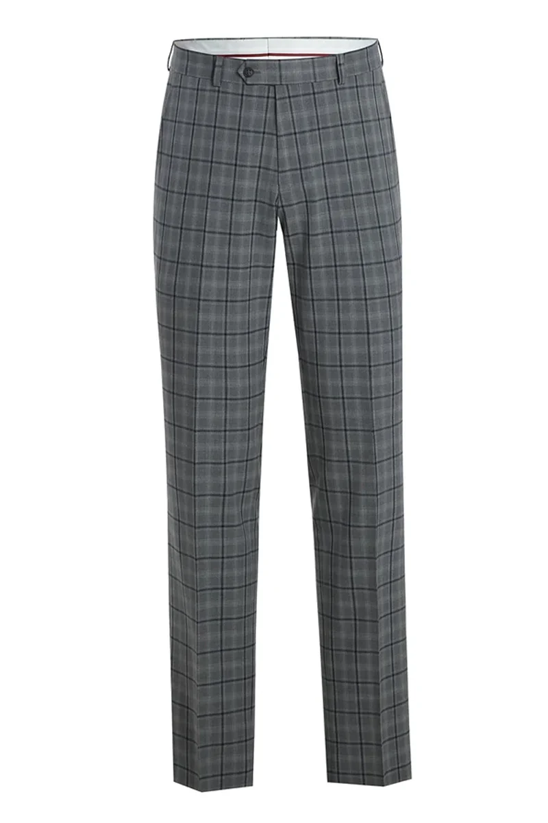 Mens Two Button Slim Fit Two Piece Hack Pocket Stretch Suit in Grey Windowpane Plaid - Image 2