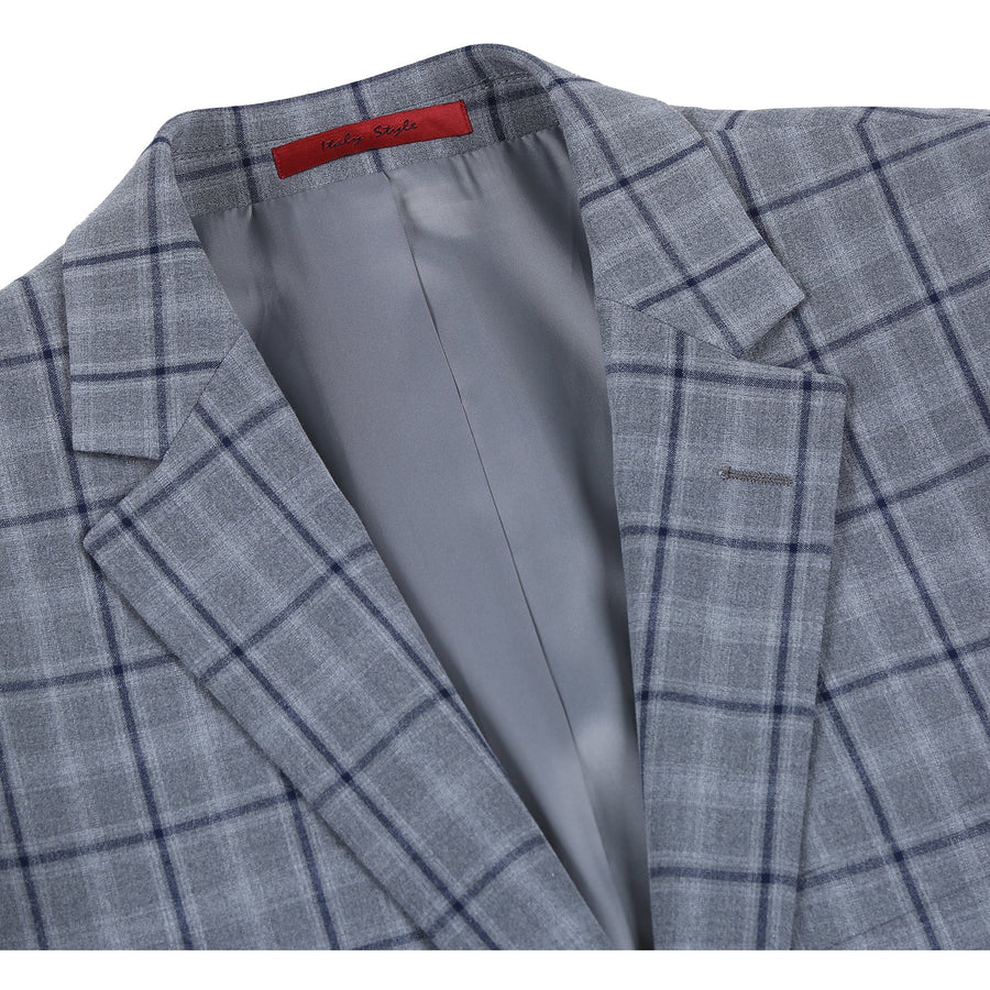 Mens Two Button Slim Fit Two Piece Hack Pocket Stretch Suit in Grey Windowpane Plaid - Image 4
