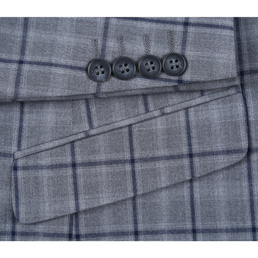 Mens Two Button Slim Fit Two Piece Hack Pocket Stretch Suit in Grey Windowpane Plaid - Image 5