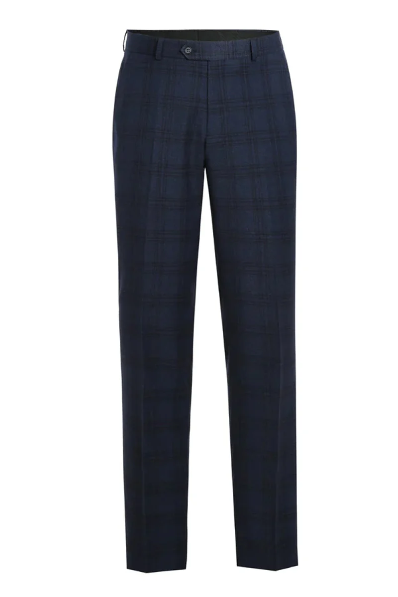 Mens Two Button Slim Fit Two Piece Hack Pocket Stretch Suit in Navy Blue Windowpane Plaid - Image 2