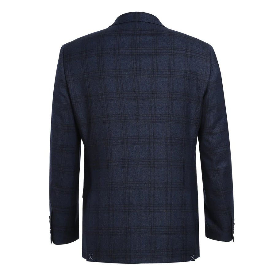 Mens Two Button Slim Fit Two Piece Hack Pocket Stretch Suit in Navy Blue Windowpane Plaid - Image 3