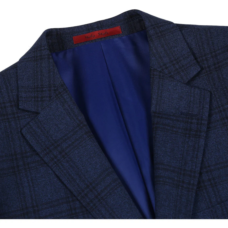 Mens Two Button Slim Fit Two Piece Hack Pocket Stretch Suit in Navy Blue Windowpane Plaid - Image 4