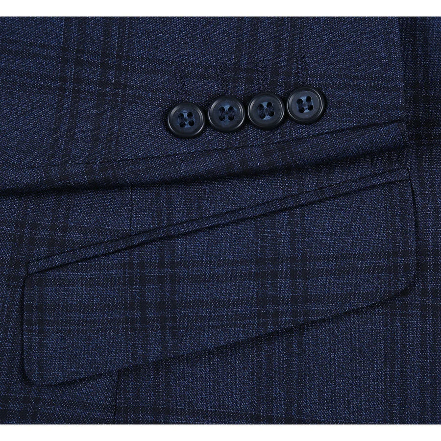 Mens Two Button Slim Fit Two Piece Hack Pocket Stretch Suit in Navy Blue Windowpane Plaid - Image 5