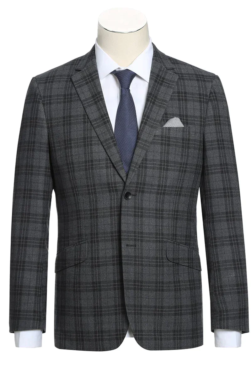Mens Two Button Slim Fit Two Piece Hack Pocket Suit in Charcoal Grey Windowpane Plaid