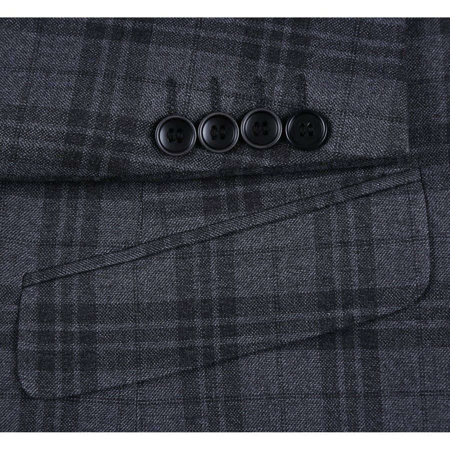 Mens Two Button Slim Fit Two Piece Hack Pocket Suit in Charcoal Grey Windowpane Plaid - Image 5