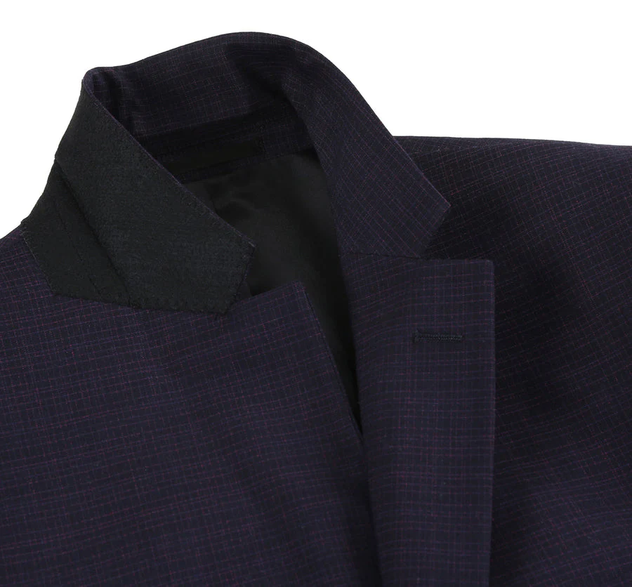 Mens Two Button Slim Fit Two Piece Suit in Black & Magenta Mini Check - Image 5