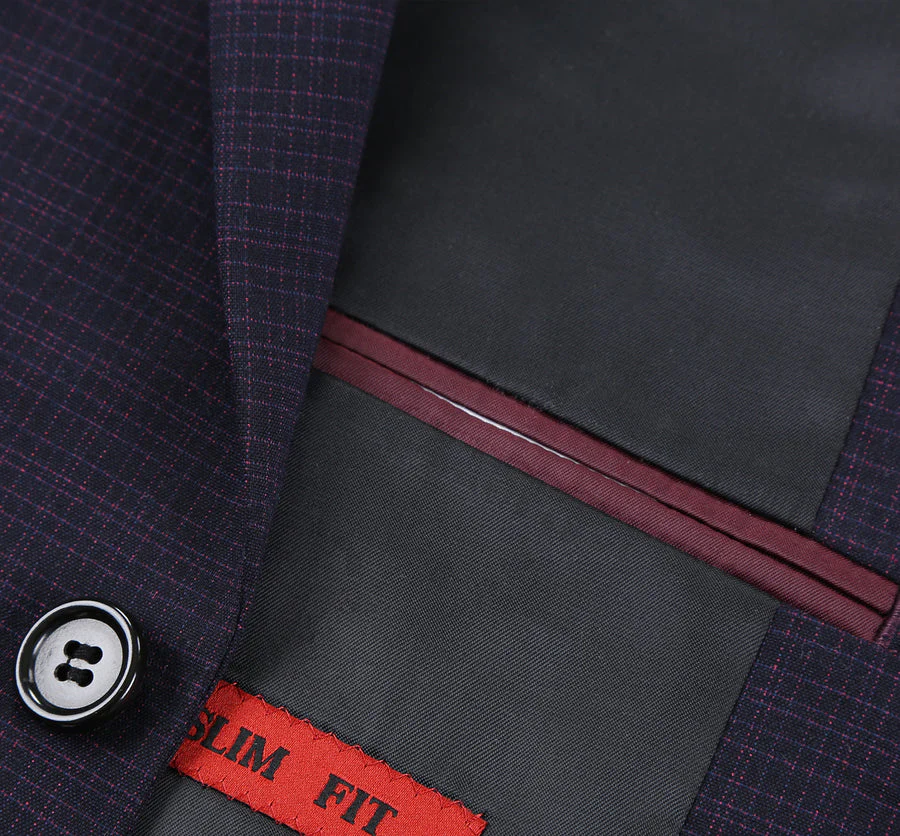 Mens Two Button Slim Fit Two Piece Suit in Black & Magenta Mini Check - Image 6