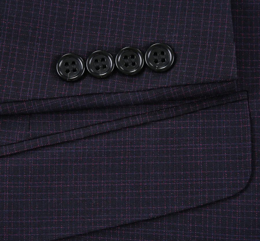 Mens Two Button Slim Fit Two Piece Suit in Black & Magenta Mini Check - Image 7