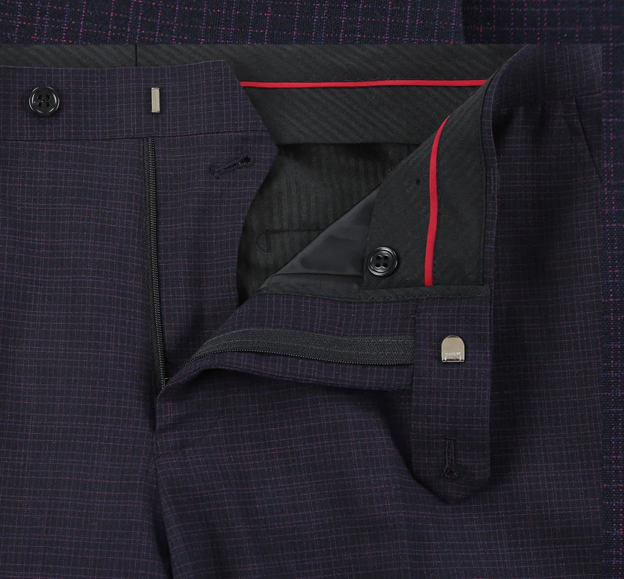 Mens Two Button Slim Fit Two Piece Suit in Black & Magenta Mini Check - Image 8