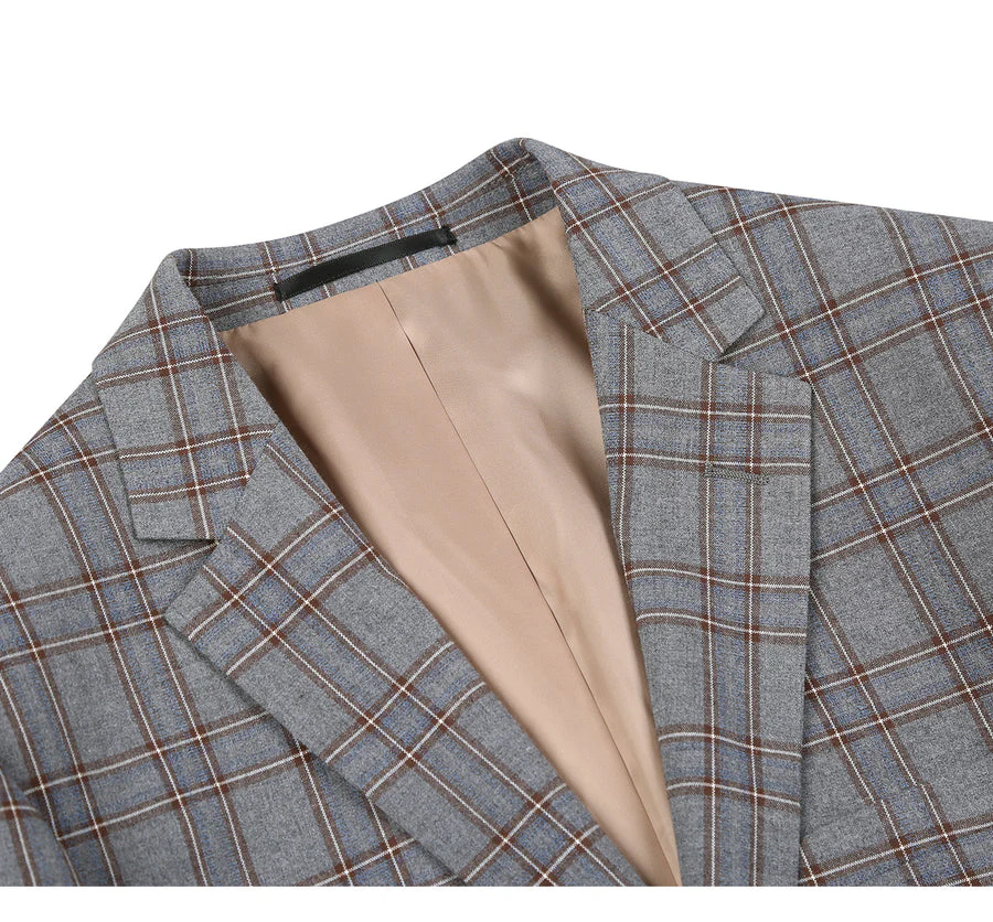 Mens Two Button Slim Fit Two Piece Suit in Grey & Bronze Windowpane Plaid - Image 3