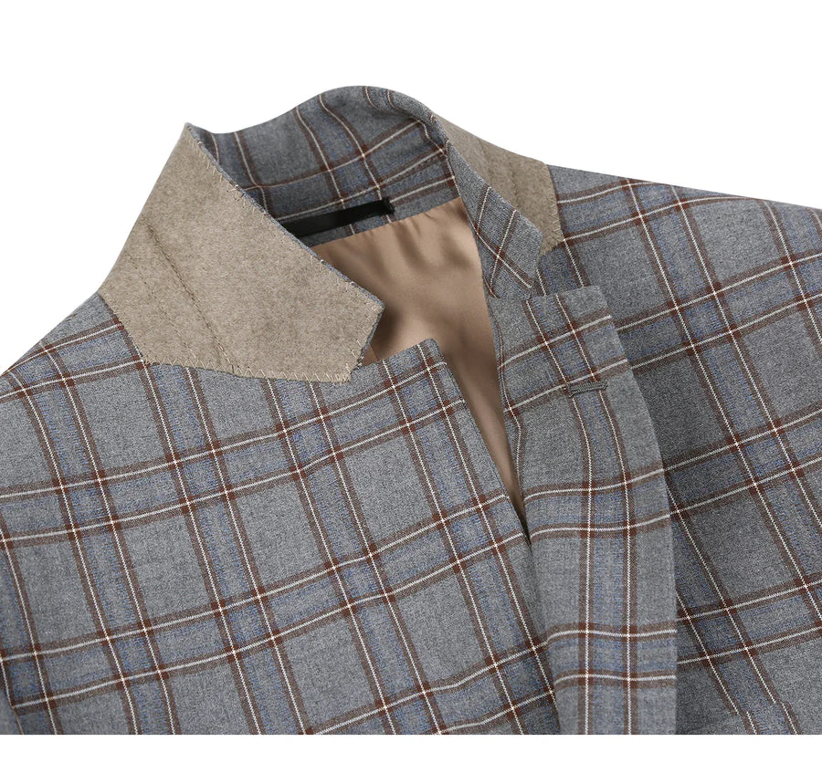 Mens Two Button Slim Fit Two Piece Suit in Grey & Bronze Windowpane Plaid - Image 4
