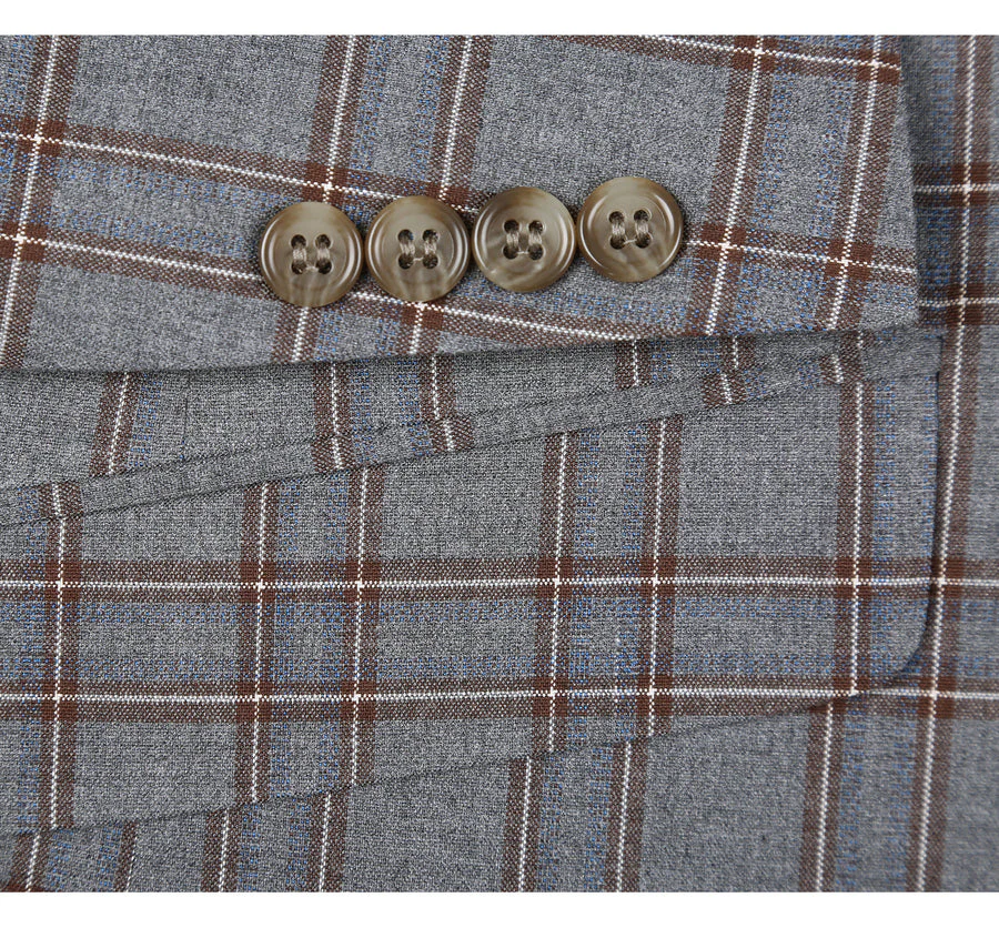 Mens Two Button Slim Fit Two Piece Suit in Grey & Bronze Windowpane Plaid - Image 5