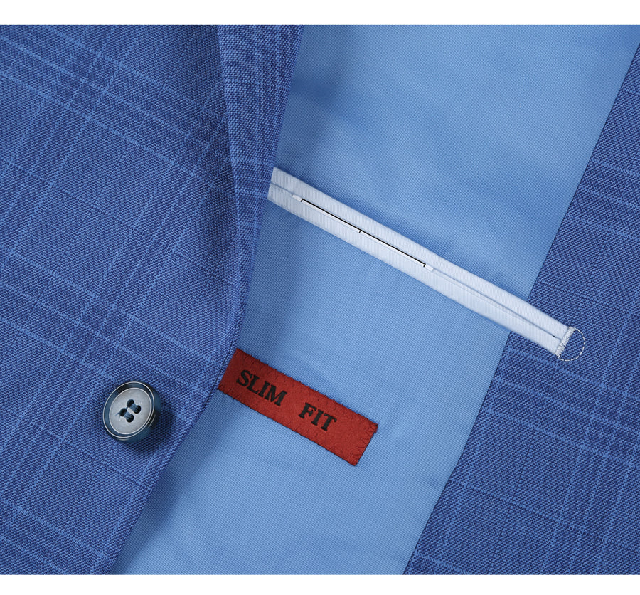 Mens Two Button Slim Fit Two Piece Suit in Light Blue Windowpane Plaid - Image 6