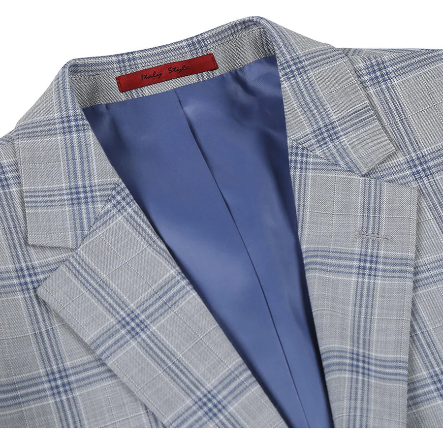 Mens Two Button Slim Fit Two Piece Suit in Light Grey & Blue Windowpane Plaid - Image 3