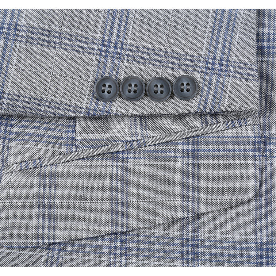 Mens Two Button Slim Fit Two Piece Suit in Light Grey & Blue Windowpane Plaid - Image 4