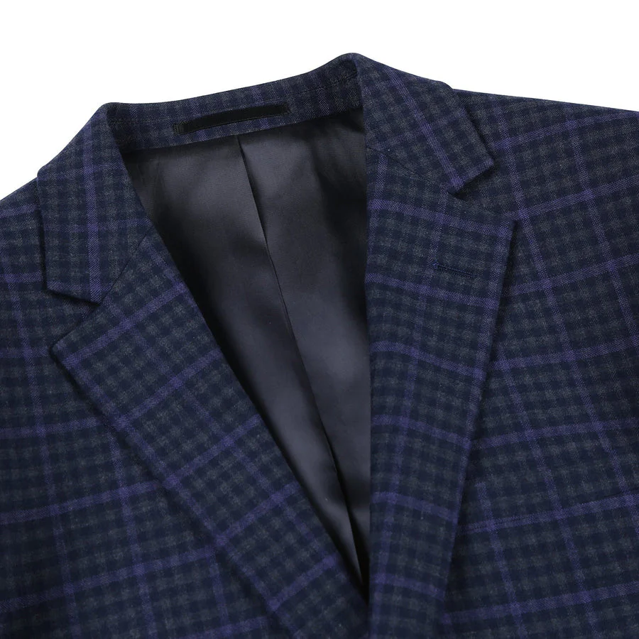 Mens Two Button Slim Fit Two Piece Wool Suit in Navy Blue & Purple Micro Check Plaid - Image 3