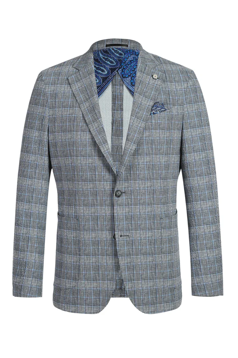 Mens Two Button Slim Fit Unconstructed Summer Blazer in Grey & Blue Windowpane Plaid