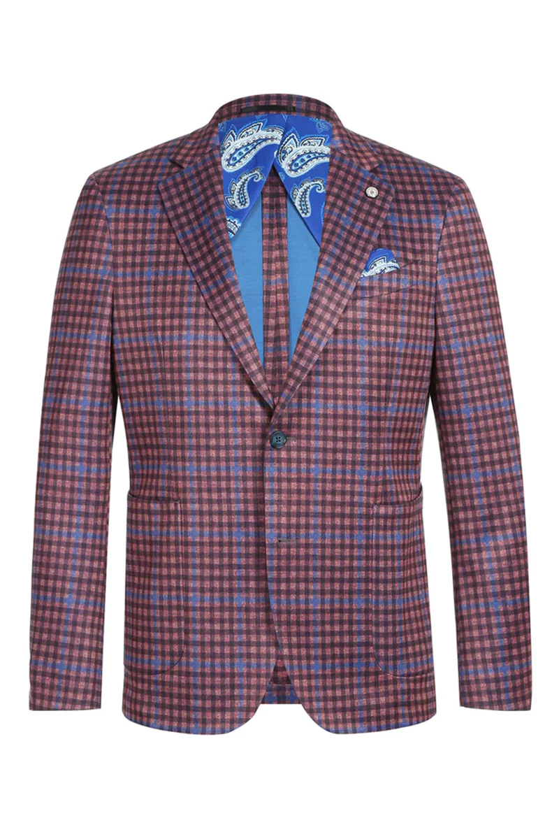 Mens Two Button Slim Fit Unconstructed Summer Cotton Blazer in Burgundy & Blue Windowpane Plaid