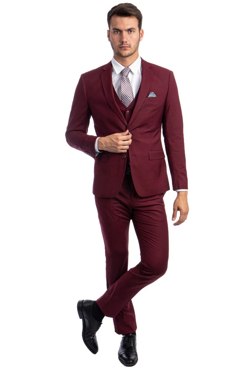 Men's Two Button Slim Fit Vested Solid Basic Color Suit in Burgundy - Image 2