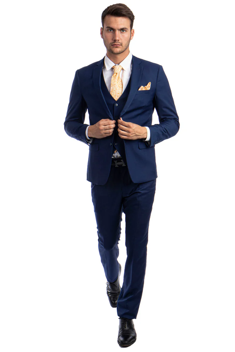Men's Two Button Slim Fit Vested Solid Basic Color Suit in Indigo Blue - Image 2
