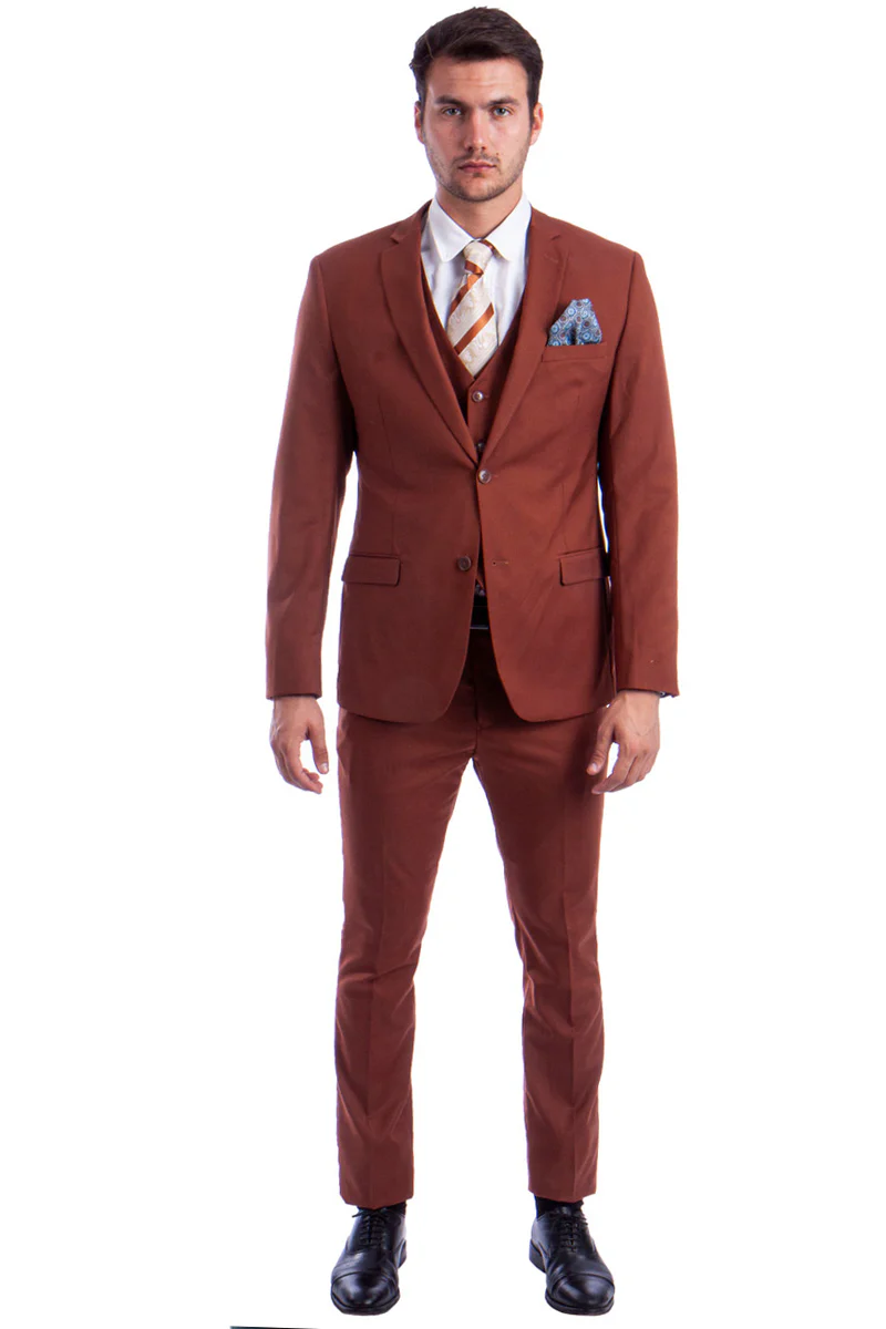 Men's Two Button Slim Fit Vested Solid Basic Color Suit in Light Brown Rust - Image 2