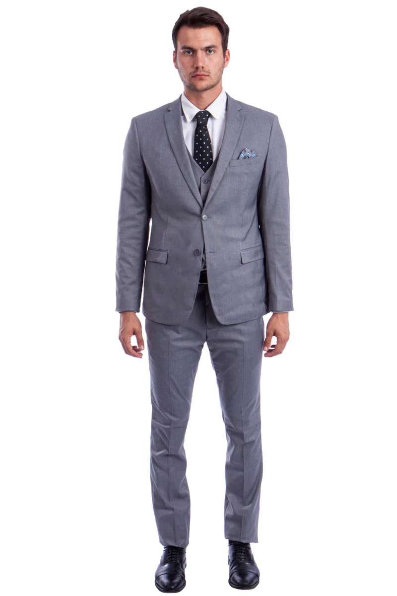 Men's Two Button Slim Fit Vested Solid Basic Color Suit in Medium Grey - Image 2