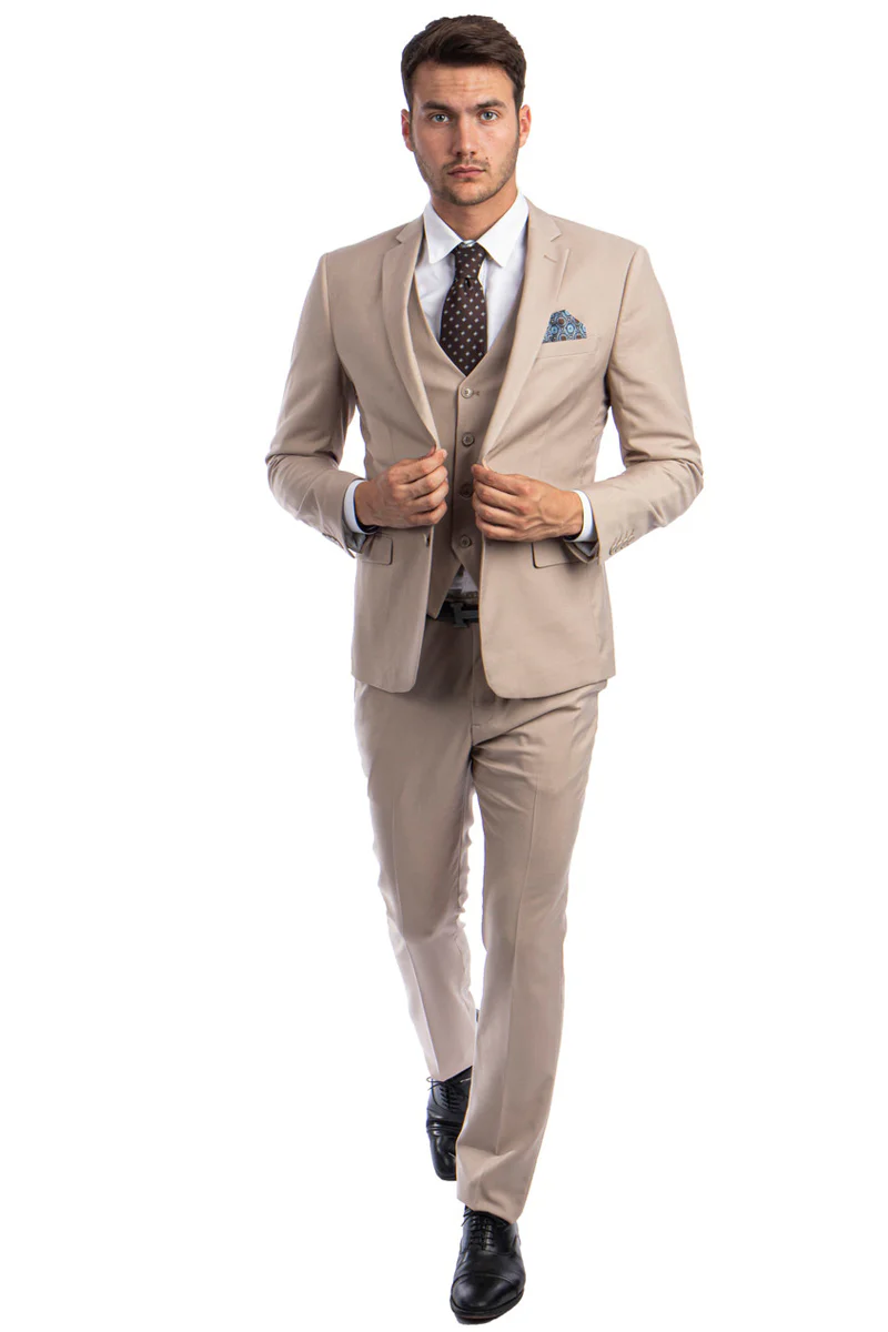 Men's Two Button Slim Fit Vested Solid Basic Color Suit in Medium Tan - Image 2