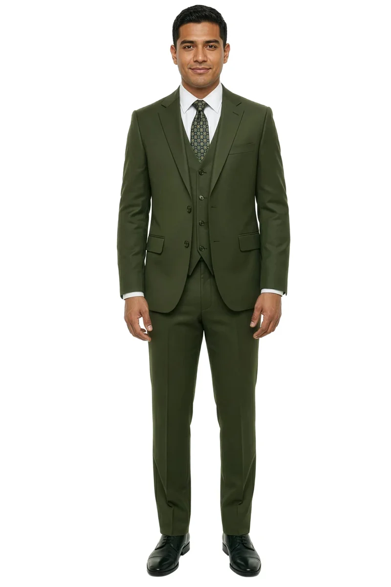 Men's Two Button Slim Fit Vested Solid Basic Color Suit in Olive Green - Image 3