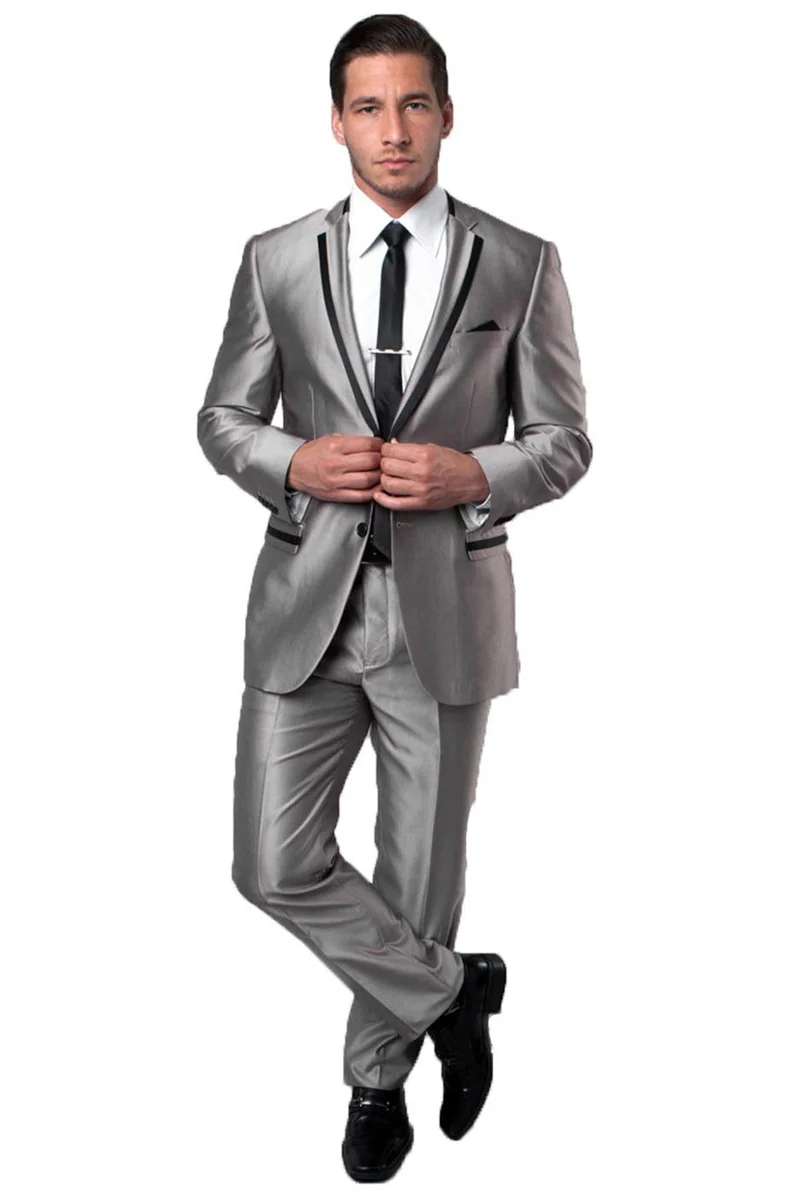 Men's Two Button Slim Fit Wedding & Prom Tuxedo Suit in Shiny Silver Sharkskin with Black Piping - Image 2